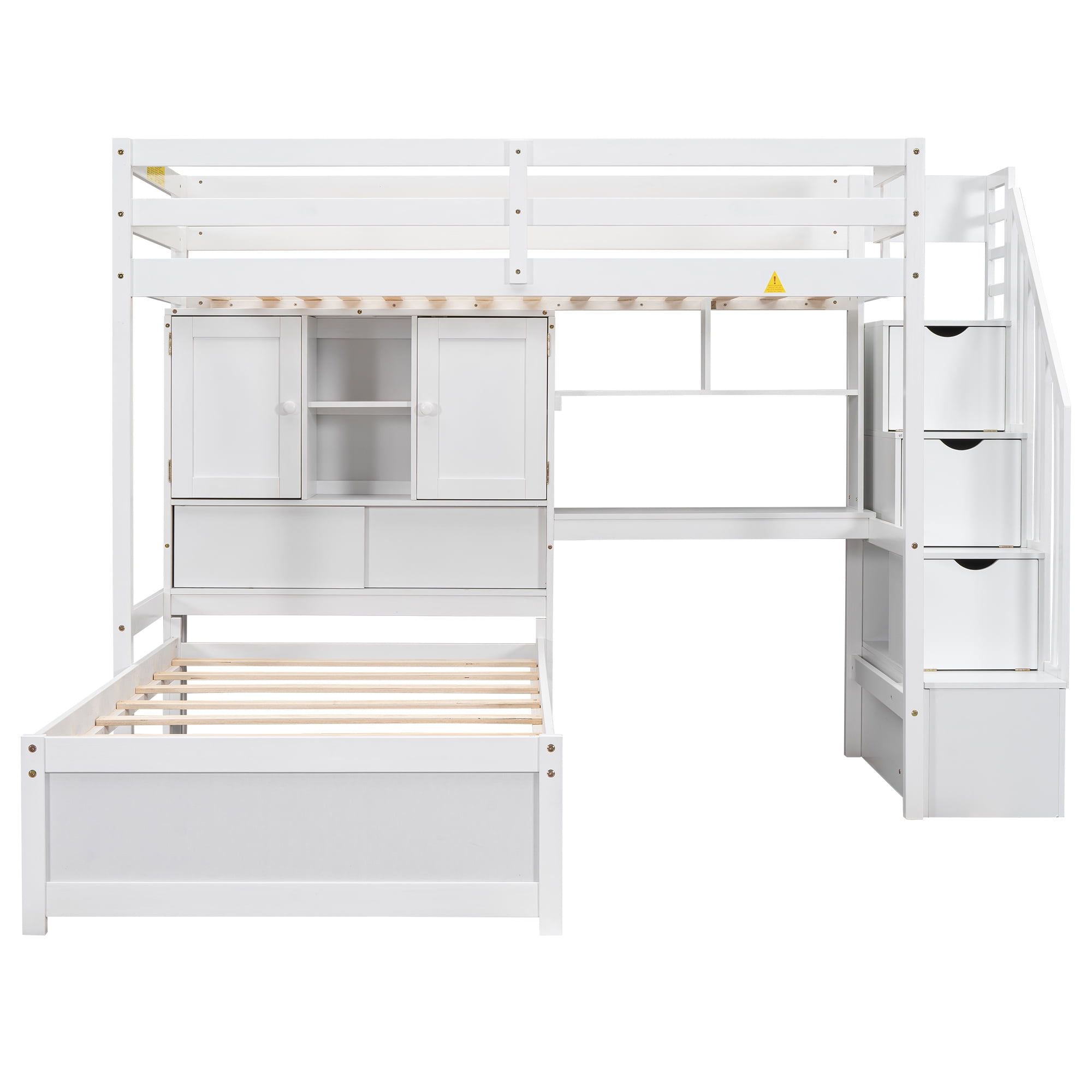 EUROCO Twin over Twin Bunk Bed with Desk and Shleves, Bookcase and Staircase for Kids Teens, White