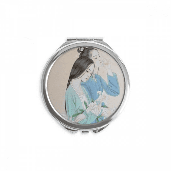 Lily Flower Beauty Chinese Painting Hand Compact Mirror Round Portable Pocket Glass
