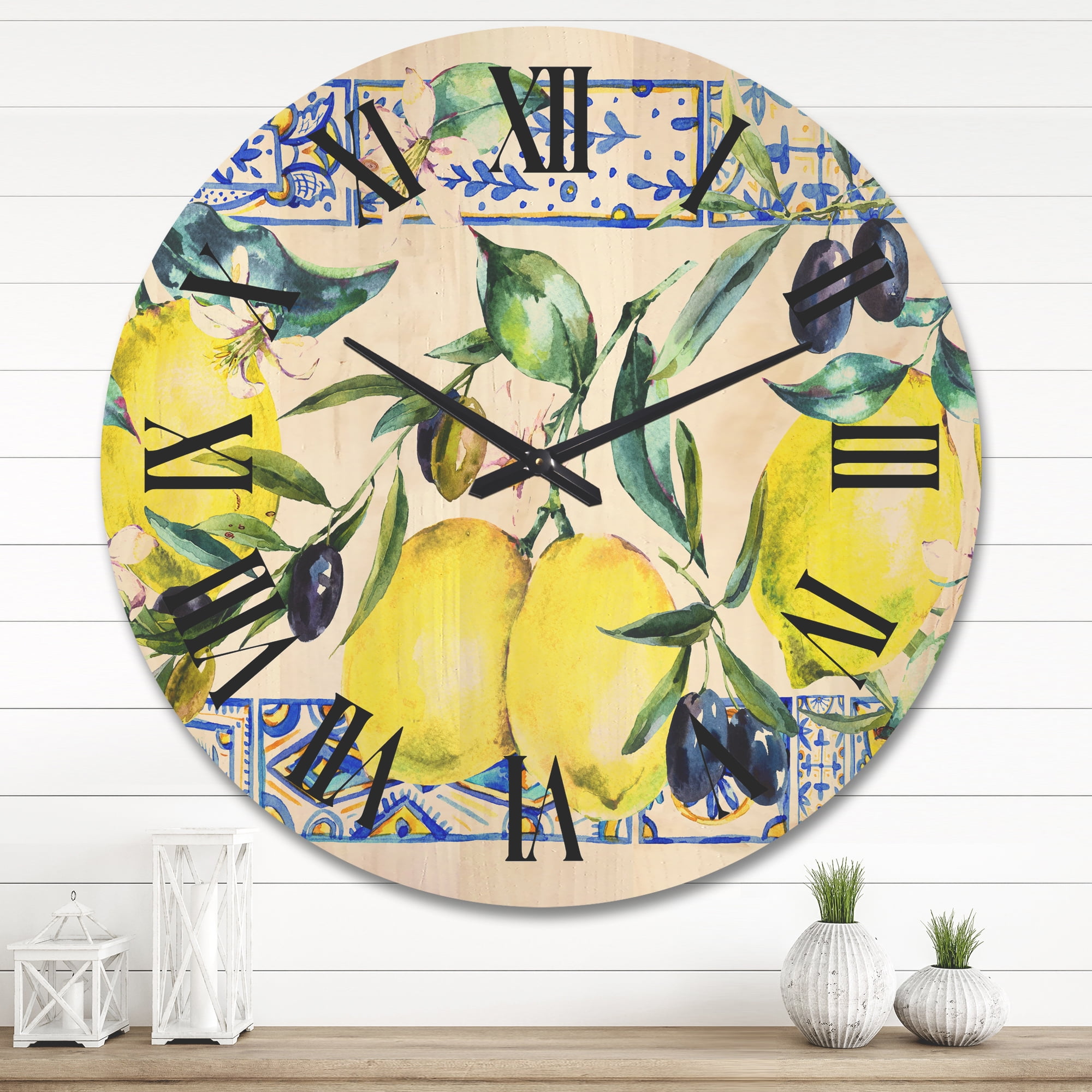 Designart 'Geometrical Pattern of Lemon Ornament On Blue II' Tropical Wood Wall Clock