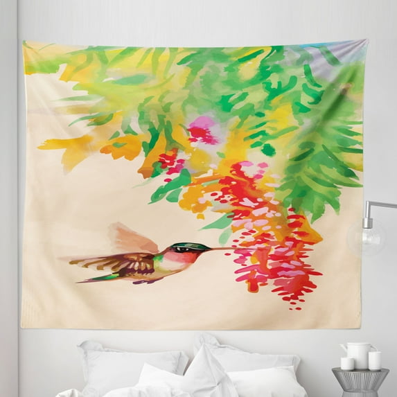 Nature Tapestry, Image of Colibri Bird and Flowers Exotic Tree Bloom in Watercolor Effect, Fabric Wall Hanging Decor for Bedroom Living Room Dorm, 5 Sizes, Green Red Beige, by Ambesonne