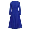thumbnail image 6 of Women's Puff Sleeve Pleated Dress Solid Tie Waist Mid Length Dress V-Neck Patchwork Casual Dresses, 6 of 8
