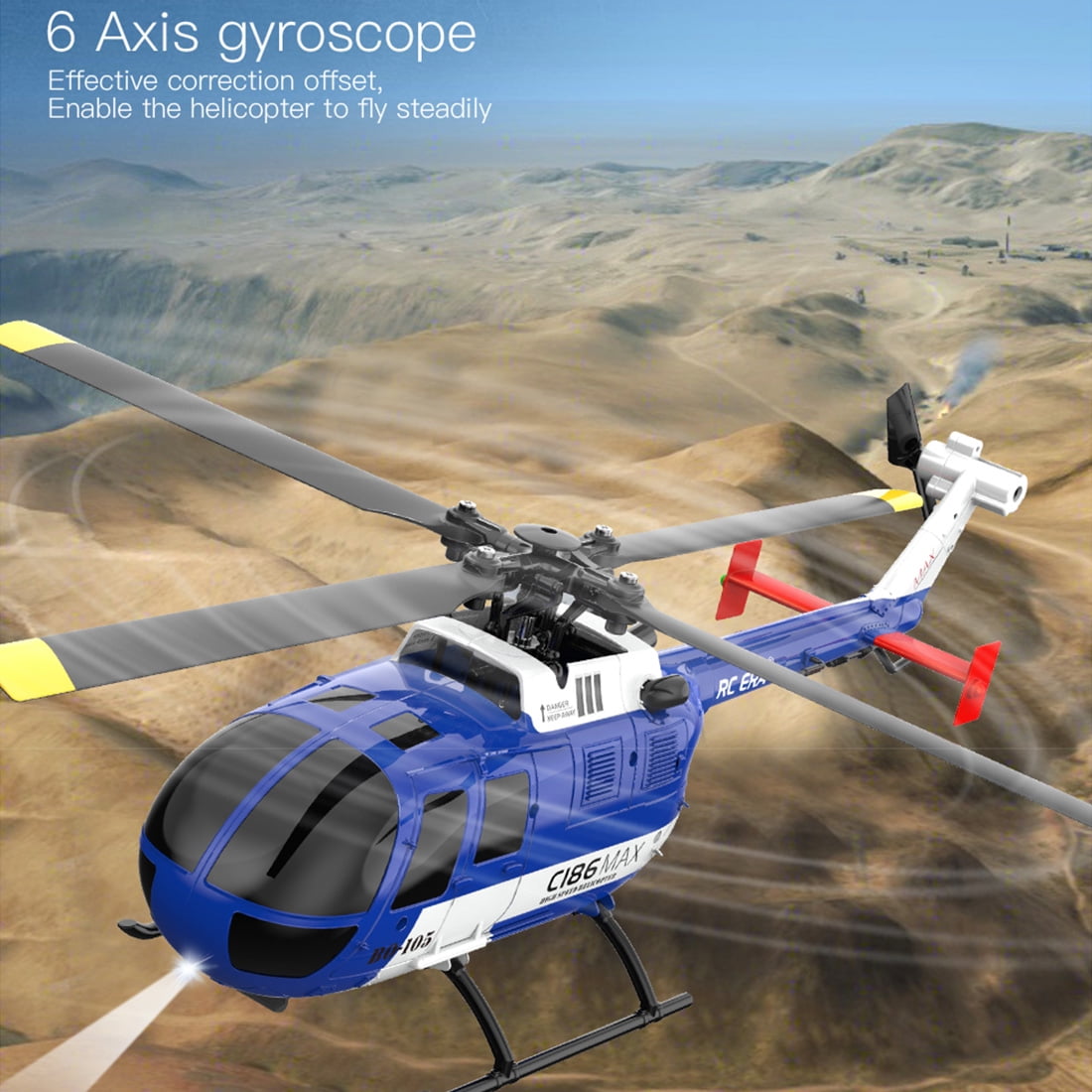 RC ERA C186MAX BO105 1:48 RC Helicopter, 2.4GHz 4CH Single Flybarless Direct-Drive 6-Axis Gyro Aircraft Toy with Optical Flow / Low Voltage Alarm -RTF Total Control for Adults