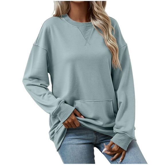 STETMN Women's Drop Shoulder Sweatshirt Loose Fit Solid Long Sleeve Tops Fall Cozy Pocket Pullover Shirt