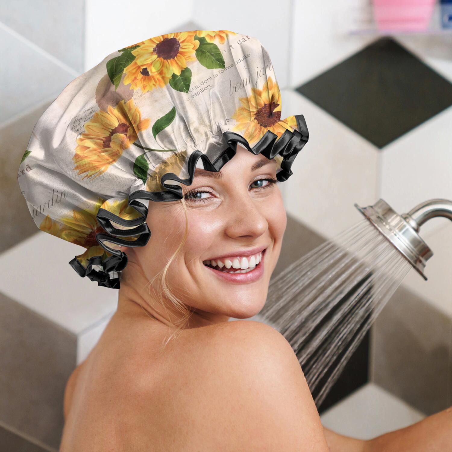 Shower Caps,Leaf Newspaper Text Sunflower Pattern Waterproof Shower Cap for Women 4 Pieces,Double Reusable Hair Cover for Shower PEVA Elastic Stretch Hem