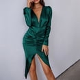 thumbnail image 2 of YanHoo Evening Dresses for Women Elegant Classy V Neck Long Sleeve Ruched Dresses High Waist Split Midi Dress for Cocktail Party, 2 of 7