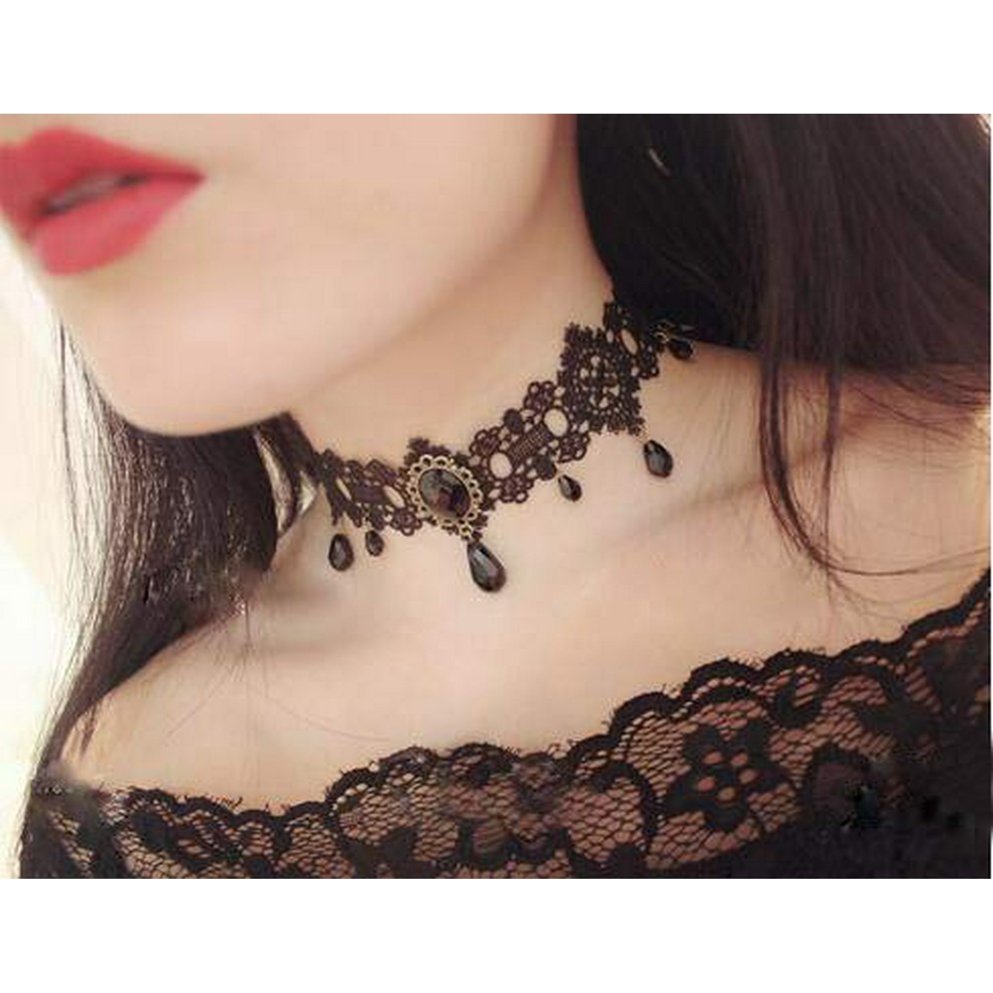 Collier Ras-du-cou Choker En Dentelle Noir, Motif Fleurs, Style Gothique Lolita, Fait Main
