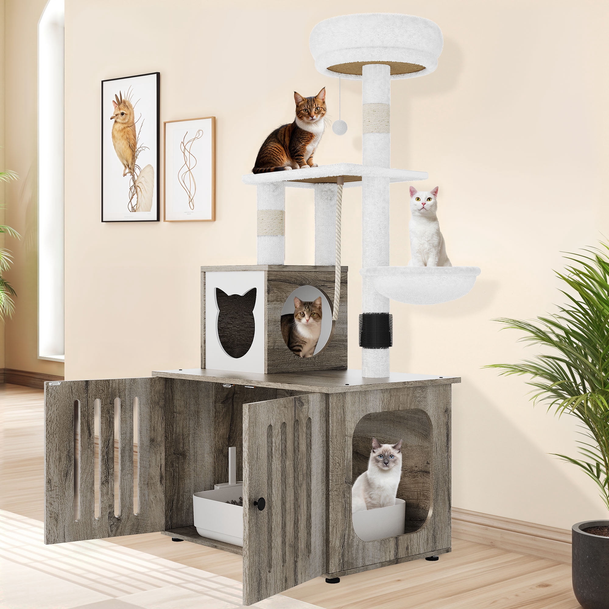 Uforic Cat Tree with Litter Box Enclosure, 2-in-1 Modern Cat Tower Combo, 53.5" Hidden Litter Box Furniture, Gray