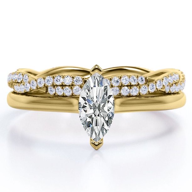 JeenMata Anillo de Compromiso Solitario de Talla Marquesa de 1,75 Quilates con Banda Nupcial Infinita Engastada en Oro Amarillo de 18 K sobre Plata (Personaliza Tu Banda Nupcial)