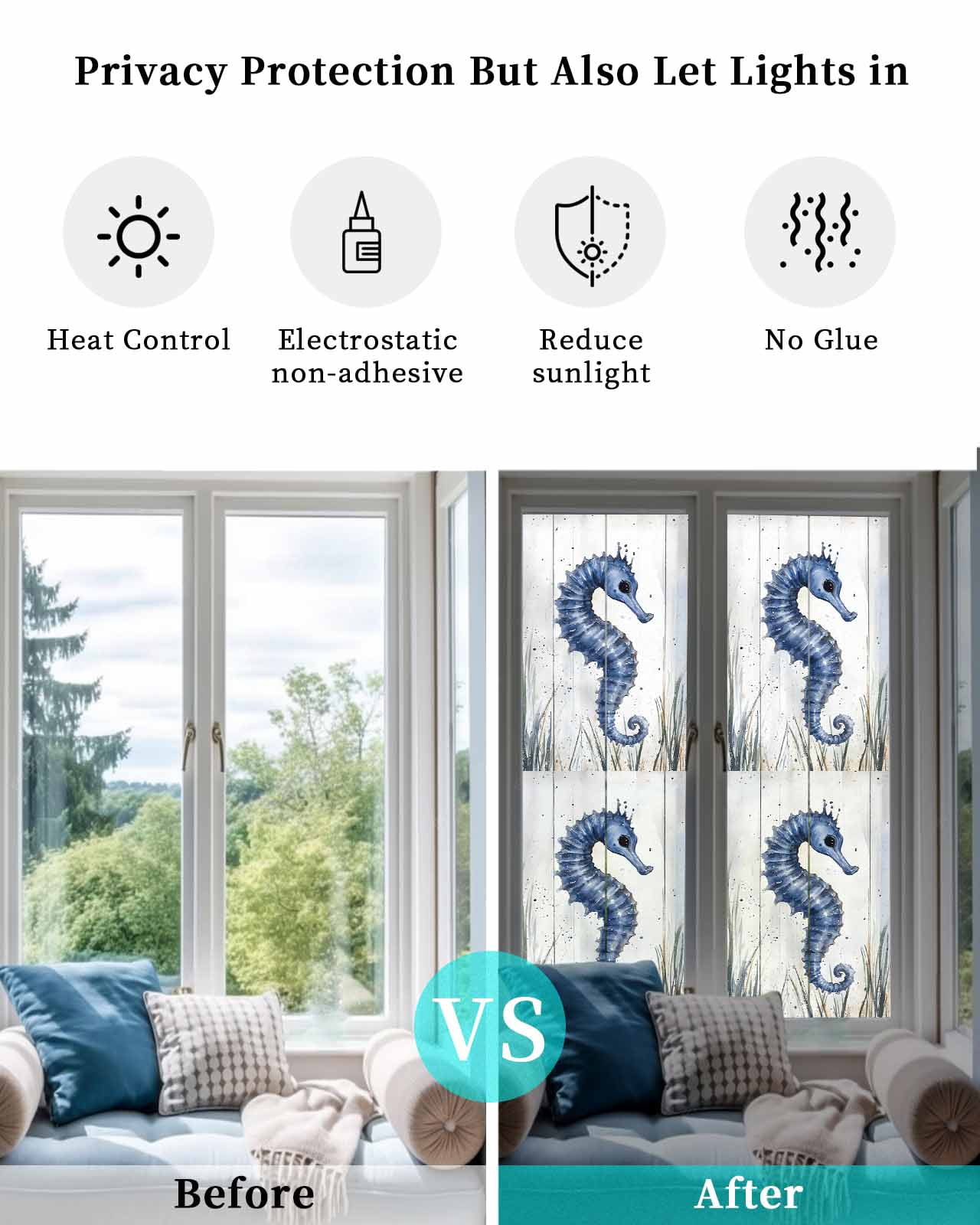 Window Privacy Film Coastal Seahorse Stained Glass Window Film Decorative Sun Block Window Cover Vintage Summer Beach Botanical Window Clings Static Adhesive Sticker for Bathroom 29.5"x118"