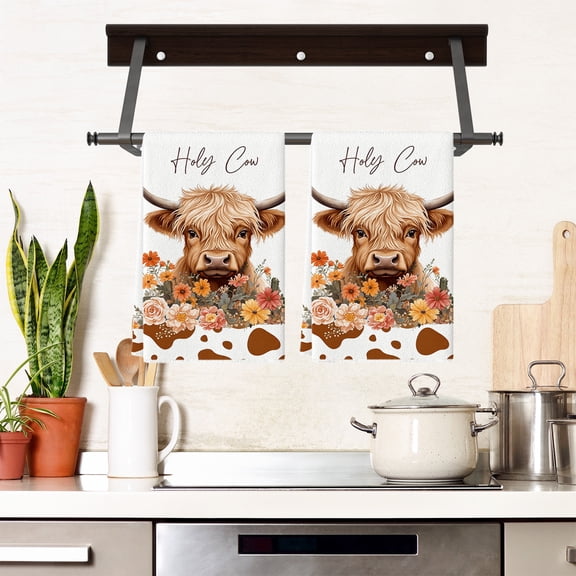 Highland Cow & Floral Kitchen Towel 16x24in - Absorbent Microfiber Dish Cloth - Modern Farmhouse Decor for Bathroom & Housewarming Gift,B