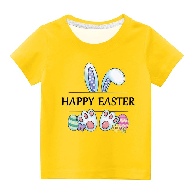 Penkiiy T-Shirts de Pâques pour Enfants Garçons Filles Mode Oreilles de Lapin de Pâques Œufs de Pâques Imprimé Col Rond Manches Courtes 4 Ans Jaune