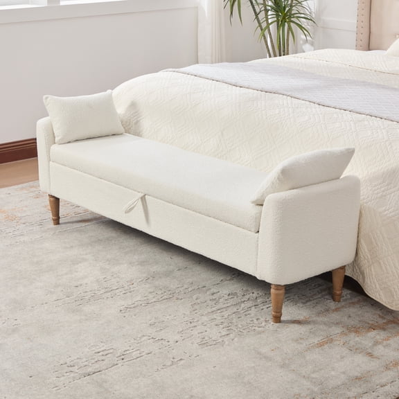 FENGFAN 65.94 Inch Upholstered Boucle Polyester Storage Bench With Armrest Rubberwood Legs Ivory 1 Pack