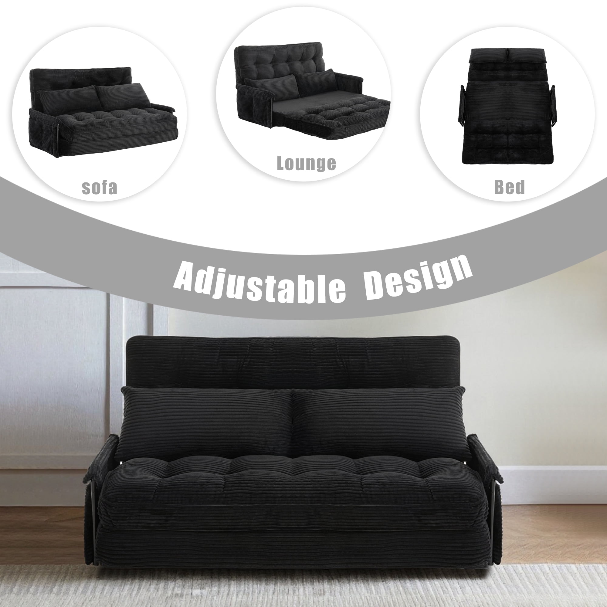 Convertible 5-Position Foldable Lazy Sofa Sleeper Bed with Armrest,Adjustable Floor Sofa Couch with 2 Pillows,Fold Out Floor Couch,Black
