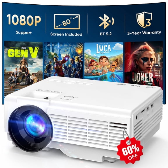 GCZ Mini Projector with Screen, Portable Outdoor Projector for Home, Bluetooth 5.2, Supports FHD 1080P Movie Projector Compatible with TV Stick/Phone/HDMI