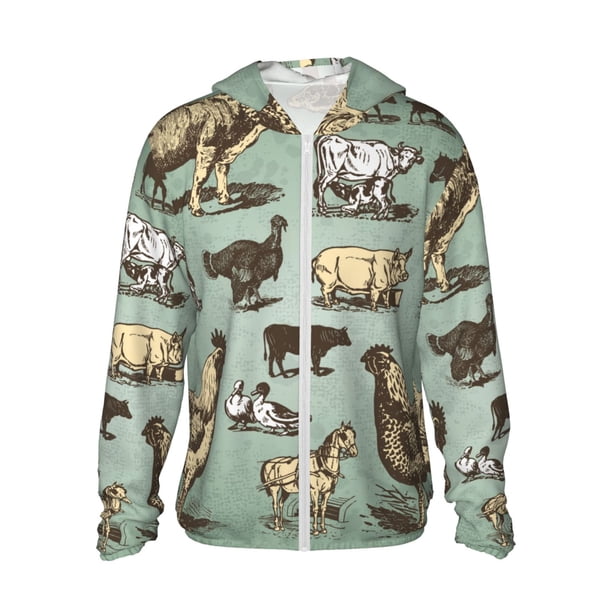 Balery Vintage Farm Animals Sudadera ligera de manga larga con capucha y protección solar UPF 50+ para hombre y mujer, ideal para pesca y running-Small
