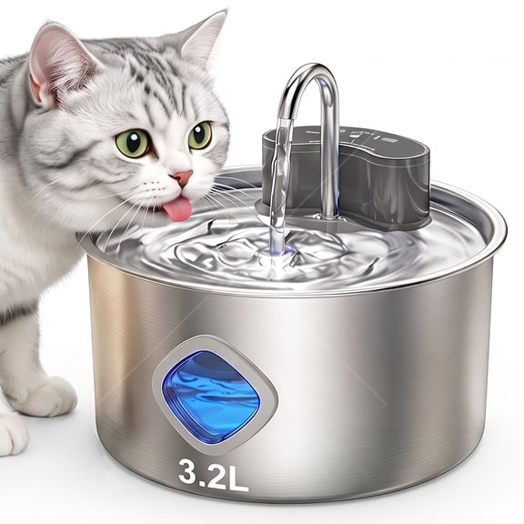 GKXLH Wireless Cat Water Fountain, 108oz/3.2L Cordless Automatic Water Fountains, 304 Stainless Steel Pet Water Dispenser for Cats Small Dogs Multiple Pets, Silver