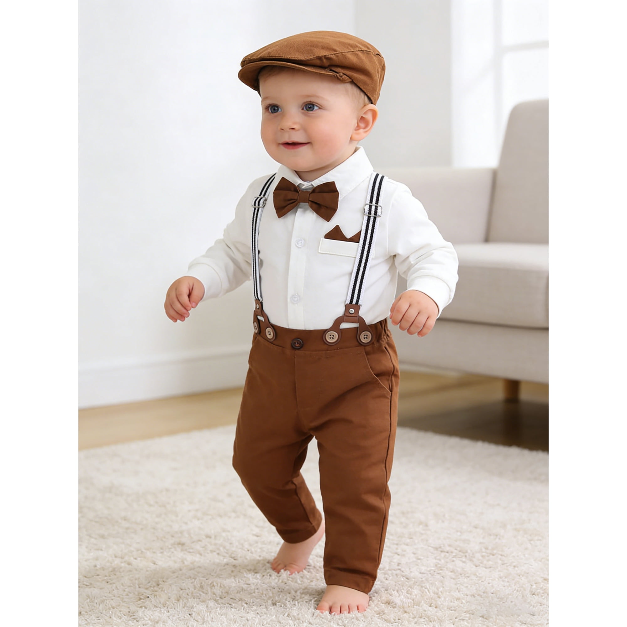 CARETOO Baby Boy Clothes Infant Formal Outfit Suit Shirt Hat Suspender Pants Bowtie 0-18M Cotton Fabric 4pcs Church Wedding Baptism Suit