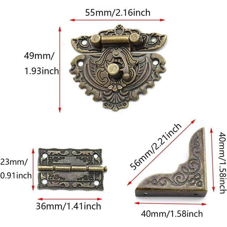 Uenhoy Vintage Jewelry Box Hardware Set, Antique Latch Hook Hasp & Engraved  Design Hinges & Box Corner Protectors & Feet Leg Protectors for Wood