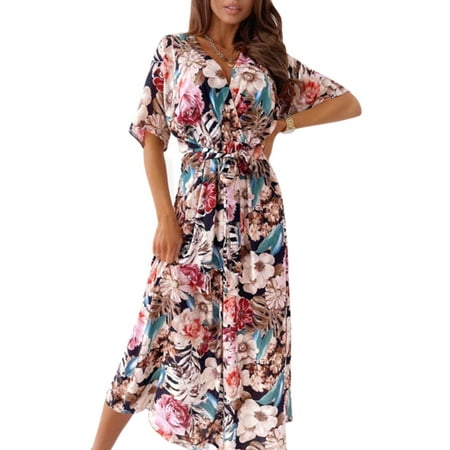 

DYMADE Women s Floral Print V Neck Short Sleeve Tie Waist Casual Dress