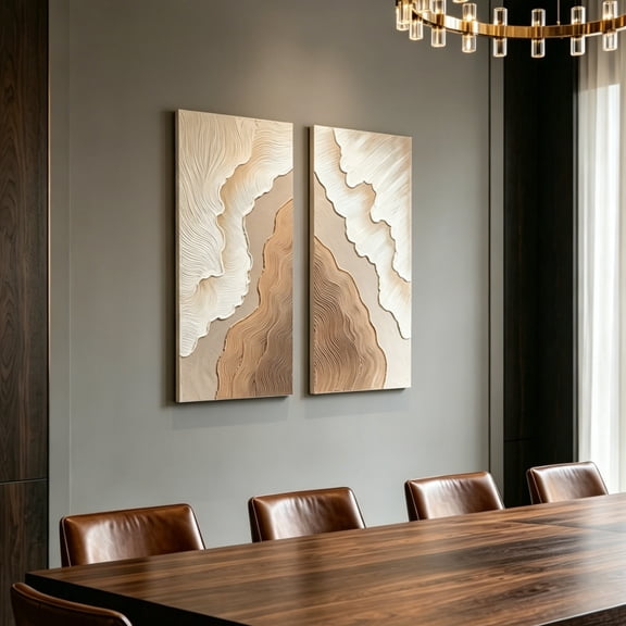 Set of 2 Abstract Wall Art 20x40 Inch – Neutral Antique White & Beige Brown Textured Canvas Painting with Gold Accents, Modern Decor for Living Room & Bedroom, Ready to Hang