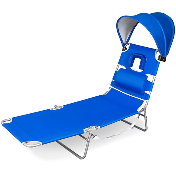 SUNSPIRE Folding Beach Lounge Chair with Canopy Pillow Side Pocket, Portable Reclining Sun Lounger for Beach Pool Patio Blue