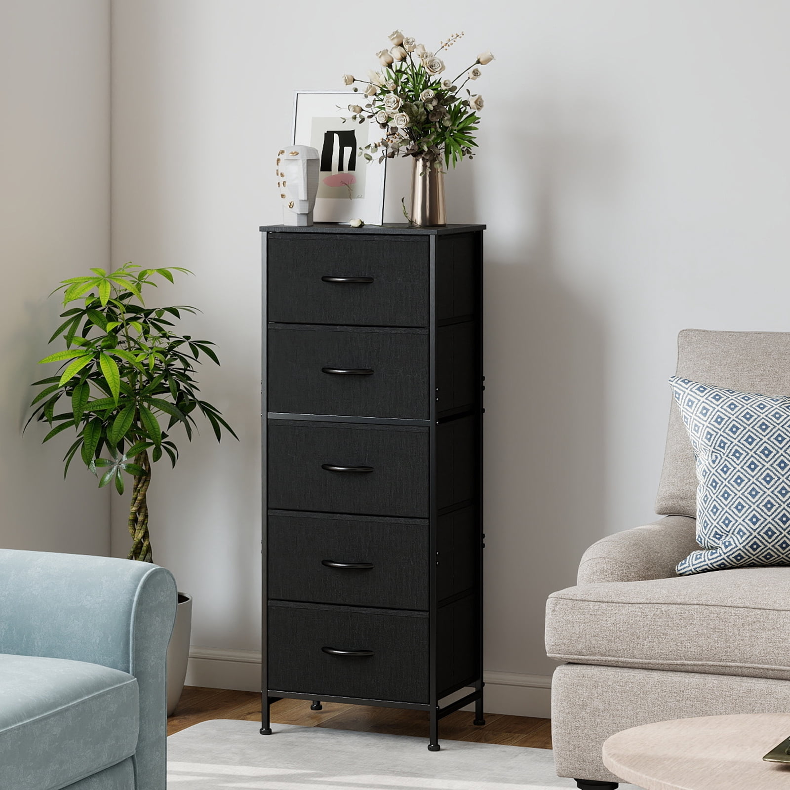 EDX 5 Fabric Dresser with 5 Storage Drawers, TV Stand with Wooden Top Metal Frame for Clothes, Living Room, Hallway, Entryway, Black