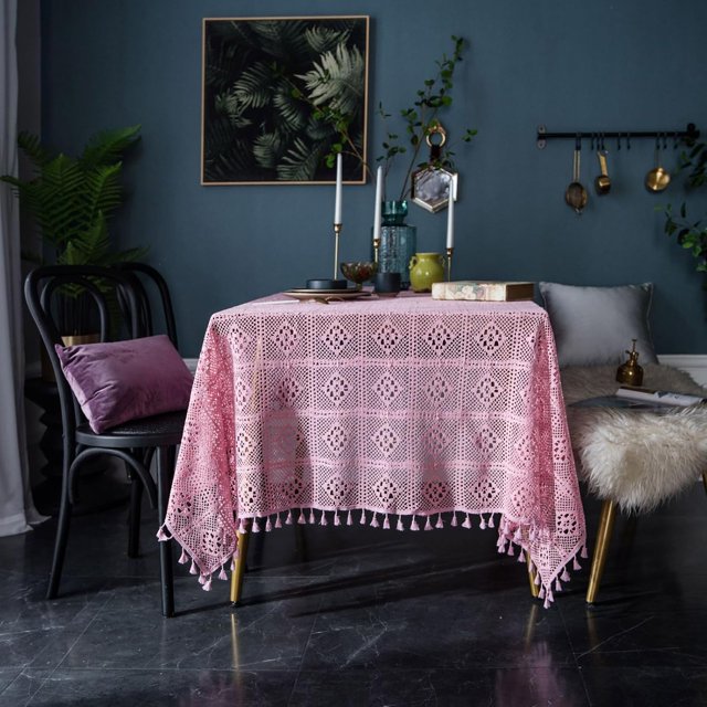 Square Hand-Crocheted Tablecloth, Solid Color Table Cover Protector for Table Decor Party Hotel Shooting Background Table Cloth(140x140cm(55x55inch), Navy Blue), 1950358