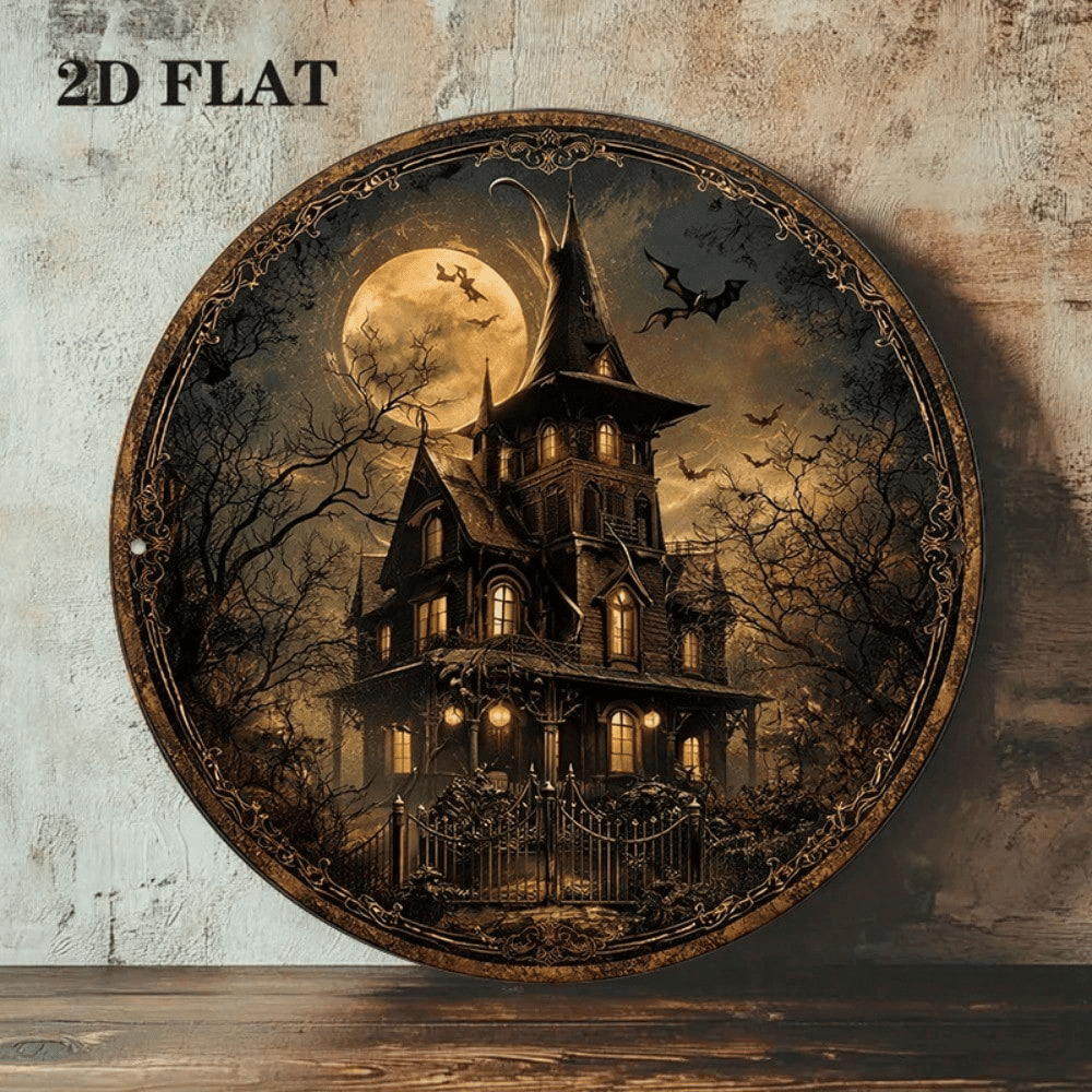 8x8in Vintage Halloween Sign, Flat Round Plaque, Haunted House Horror Castle Decor