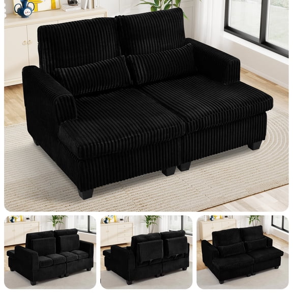 FFH Double Chaise Lounge Indoor, 61" Oversized Lounge Chair Sleeper Sofa Sectional, Corduroy Loveseat with Lumbar Pillows and Adjustable Backrests, Black