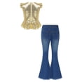 thumbnail image 2 of dPois Kids Girls Clothes Sequins Mermaid Flutter Sleeve Shirt Top with Flare Leg Jeans Pants Set 2Pcs Gold 6, 2 of 6