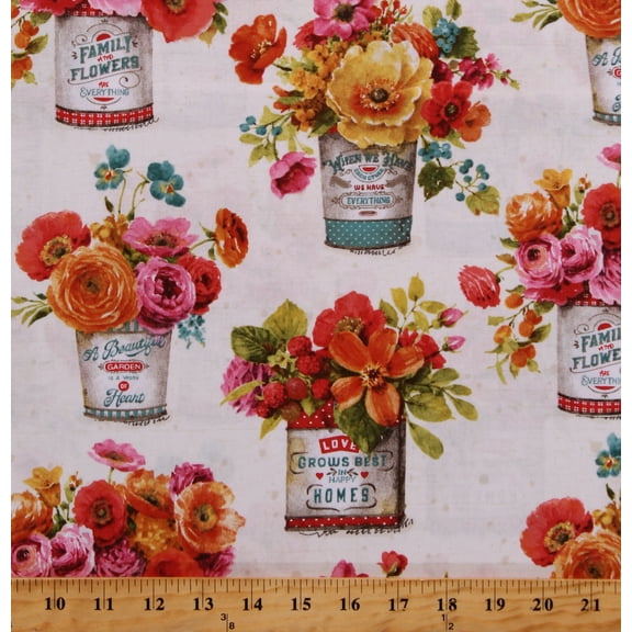 Cotton Flower Bouquet Floral Garden Fresh Cuts Spring Blooms Cream Cotton Fabric Print by the Yard (86481)
