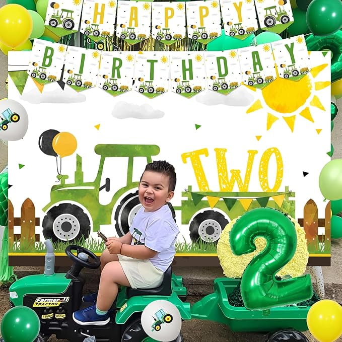 Tractor 2nd Birthday Decorations, Tractor Birthday Backdrop Green Tractor 2nd Birthday Cupcake Cake Toppers Balloon Garland Arch Kit for Boys Tractor Theme 2nd Birthday Party Supplies