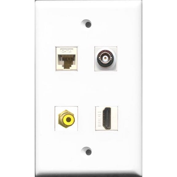 RiteAV 1 Port HDMI and 1 Port RCA Yellow and 1 Port BNC and 1 Port Cat6 Ethernet White Wall Plate