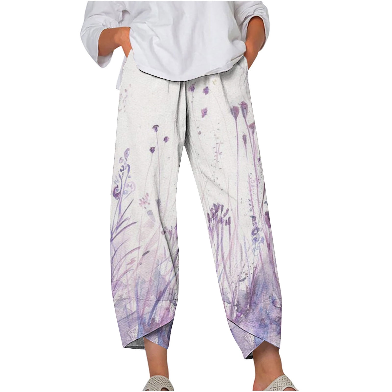 Summer Wide Leg Elastic Waist Pants, Women's Casual Summer Pants Floral