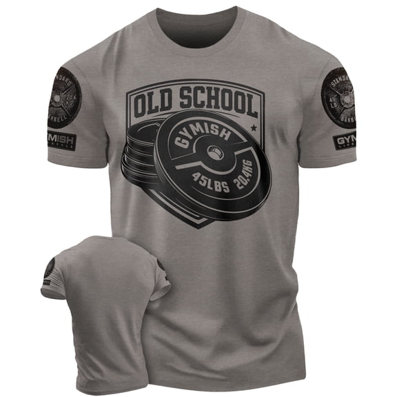 Gymish Old School Workout T-Shirt for Men, Funny Gym Shirt, Lifting Tee, Deadlift Shirt, Men's Athletic Top, Warm Grey with Sleeve Logo, Small