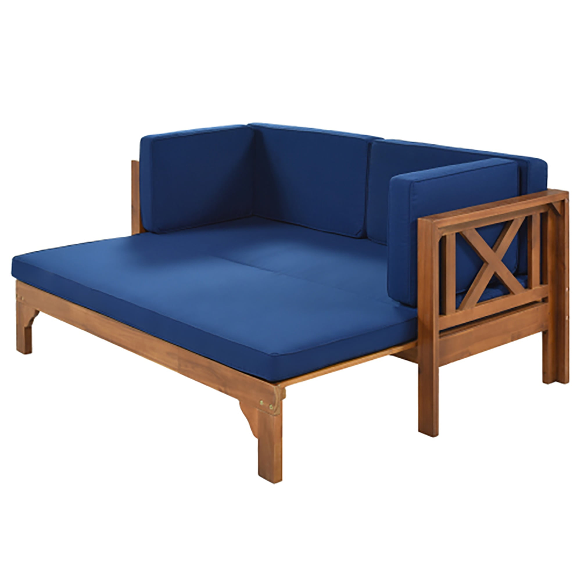 Kadyn Outdoor Patio Stretch Solid Wood Sofa Set Combo Furniture, Patio Furniture Sofa, Ottoman with Thick Cushions, Brown Finish + Blue Cushions Kadyn Outdoor Patio Stretch Solid Wood Sofa Set Combo Furniture, Patio Furniture Sofa, Ottoman with Thick Cushions, Brown Finish + Blue Cushions