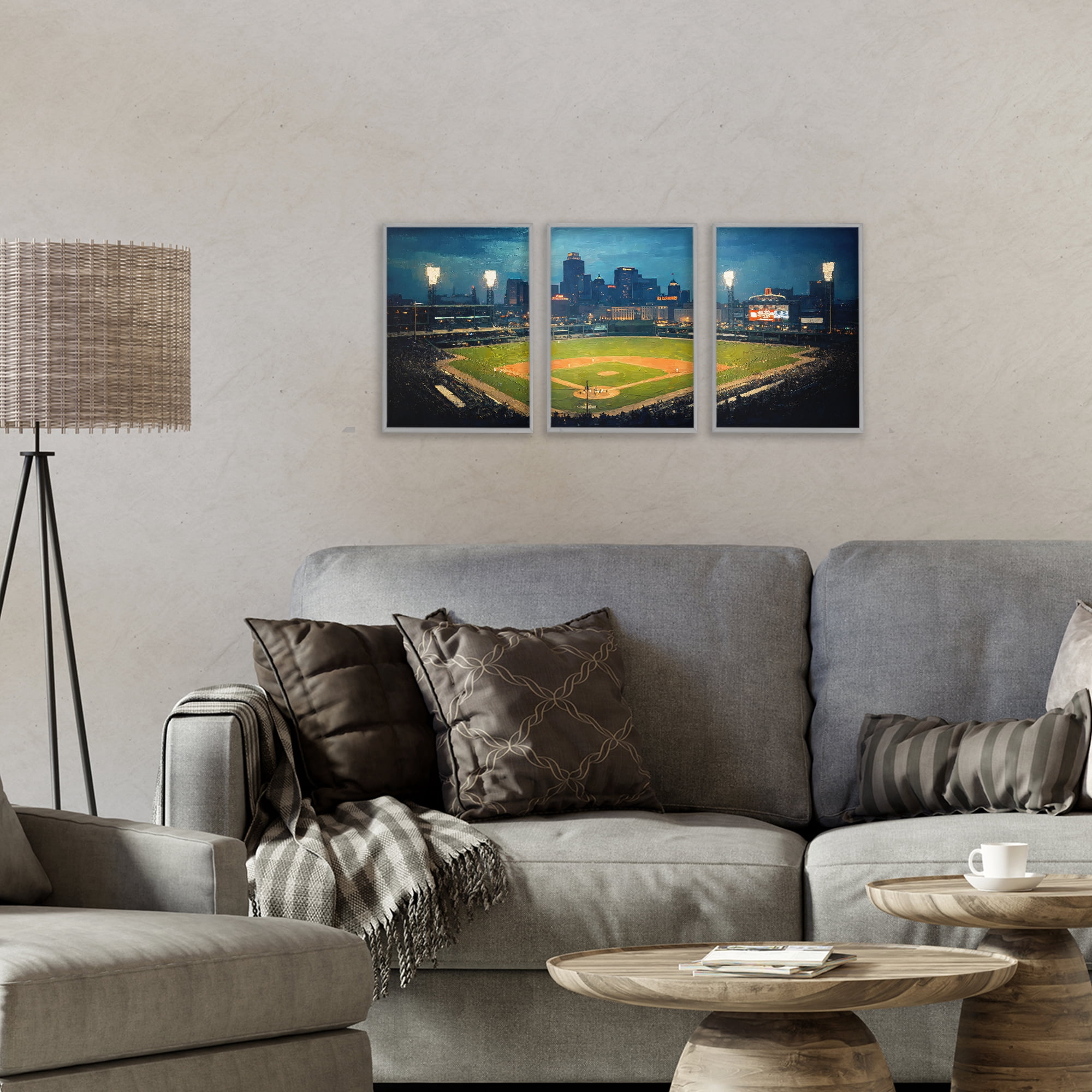 Stupell Industries Baseball Stadium Night View 3 Piece Gray Framed Giclee Art Set, design by Arlington Prints