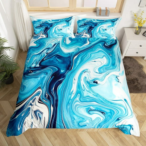 YST Abstract Marble Duvet Cover for Women Men,Blue Marble Bedding Set Full Size,Vintage Marble Texture Comforter Cover,Abstract Fluid Ink Bed Sets with 2 Pillow Shams Zipper&Ties