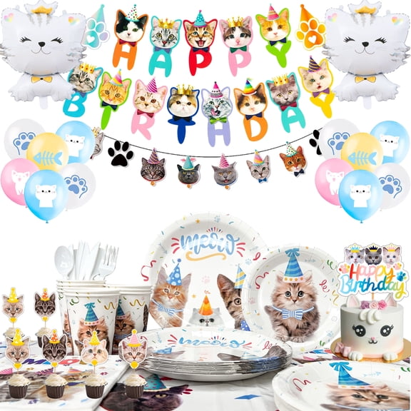 167pcs Cat Birthday Party Decorations & Cat Party Tableware Set-Cat Party Plates Napkins Tablecloth&Cat Birthday Banner Balloons etc Cat Themed Birthday Party Supplies for Girls