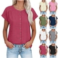thumbnail image 1 of Ashirexll Short Sleeve Shirts for Women, Solid Color Short Sleeve Round Neck Button Cuff Open Pullover T Shirts, 1 of 7
