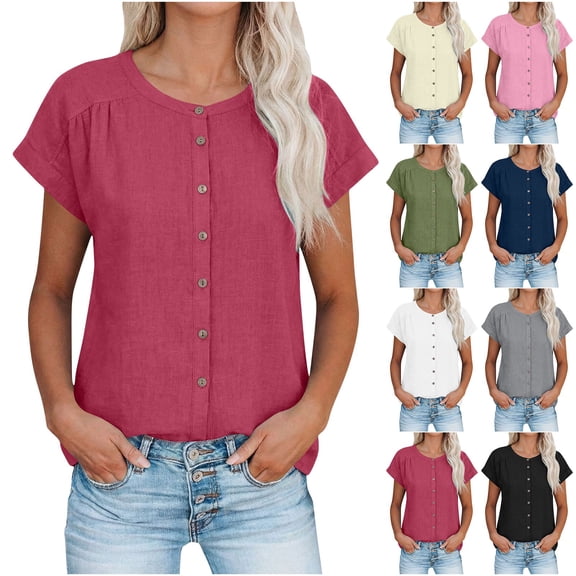 Paiwinds Women's Solid Color Short-Sleeve Raglan Button-Down Casual Top - Cotton Linen Blend Round Neck Shirt for Everyday Wear, Outings & Relaxed Occasions