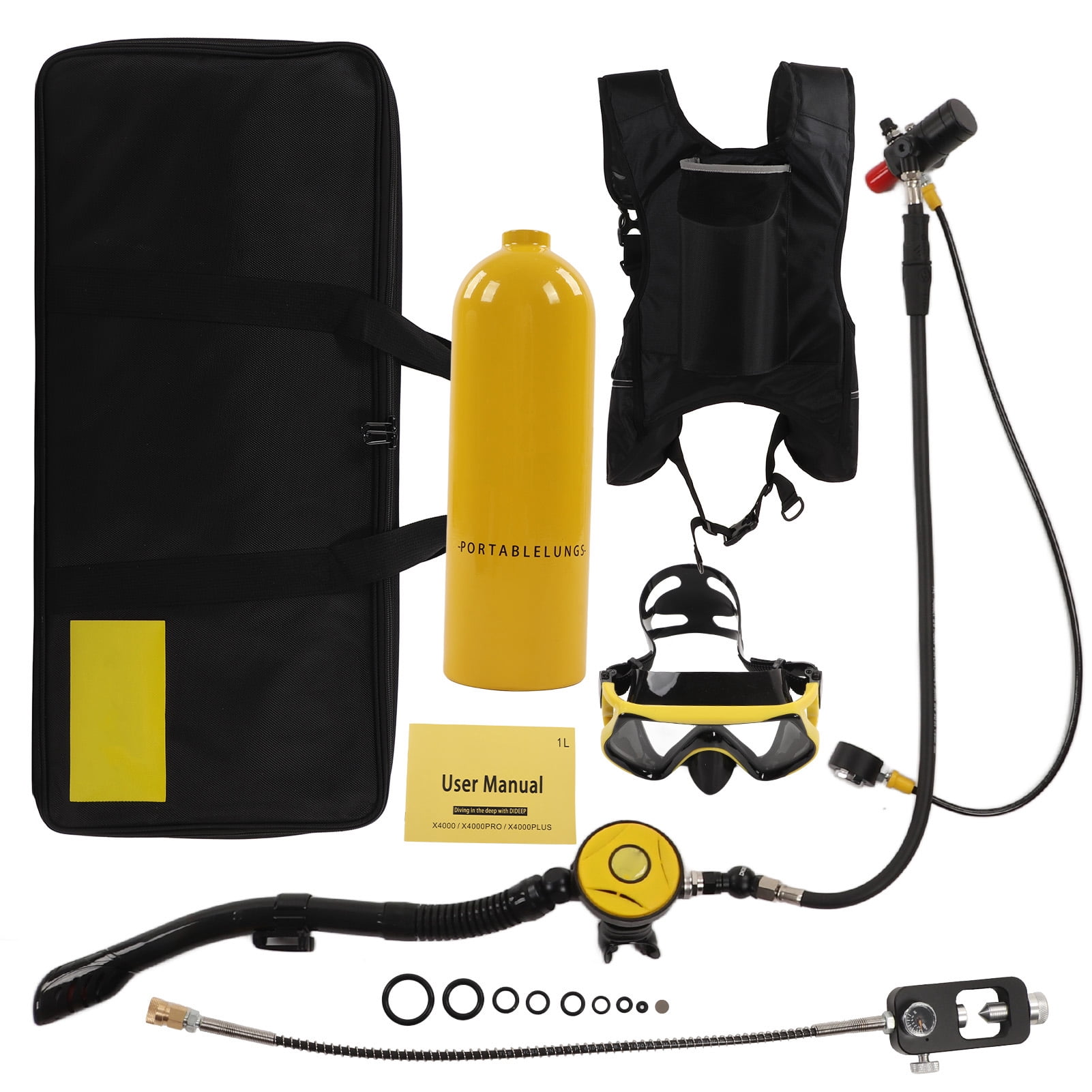 Diving Tank Kit Underwater Breathing Device 2L X5000Plus Breather Diving Double Shoulder Strap Set Package D: Yellow Bottle Black Head 2L