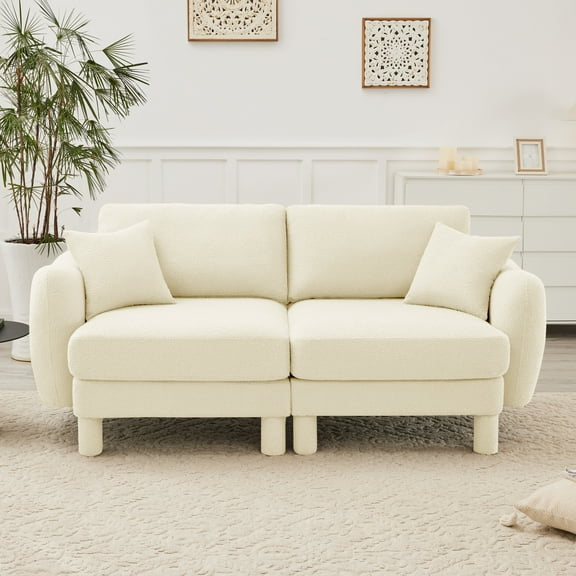 Boucle Fabric Loveseat Sofa With Shell Shaped Armrests and Upholstered Legs, Two Seater Couch for Living Room and Small Spaces, Beige Modern Design