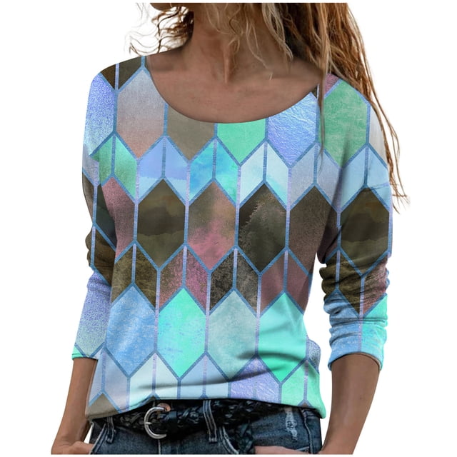 Machine d'Impression de T-Shirts Mode Femmes Décontracté Impression Col Rond Manches Longues T-Shirts Amples Blouse d'Automne Chandail Tops