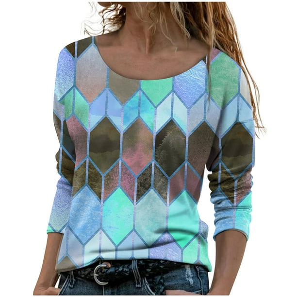 Women Casual Crewneck Long Sleeve Fit Tunic Top Baggy Comfy Blouse Vintage  Fashion Printed Fall Tees Shirts for Ladies 