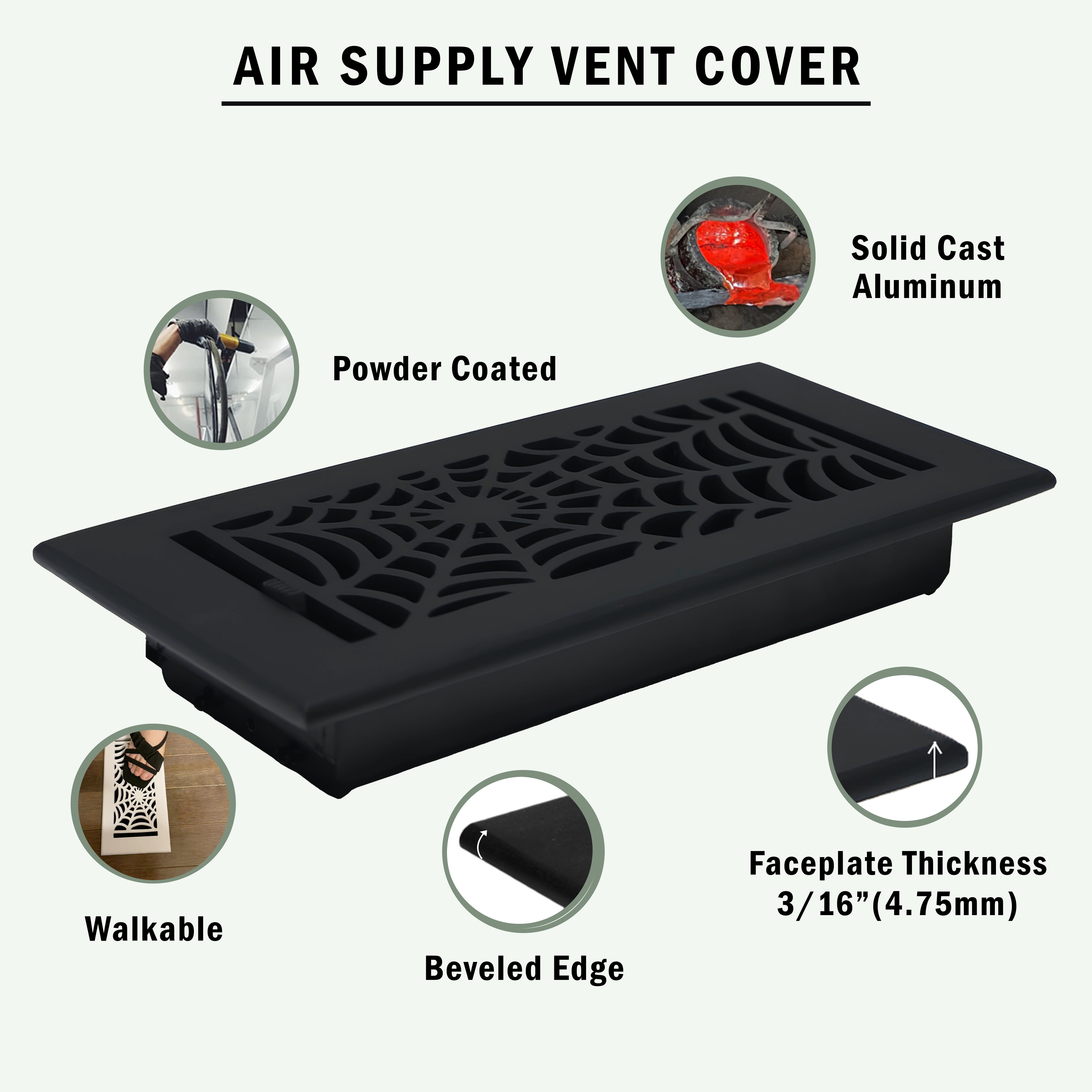 SET OF 9 Spooky Gothic Vent Cover 4"x10" Duct Opening (Overall 5-1/2"x 11-3/4") in Spider Web Solid Cast Aluminum Register Cover || Powder Coated Black with holes