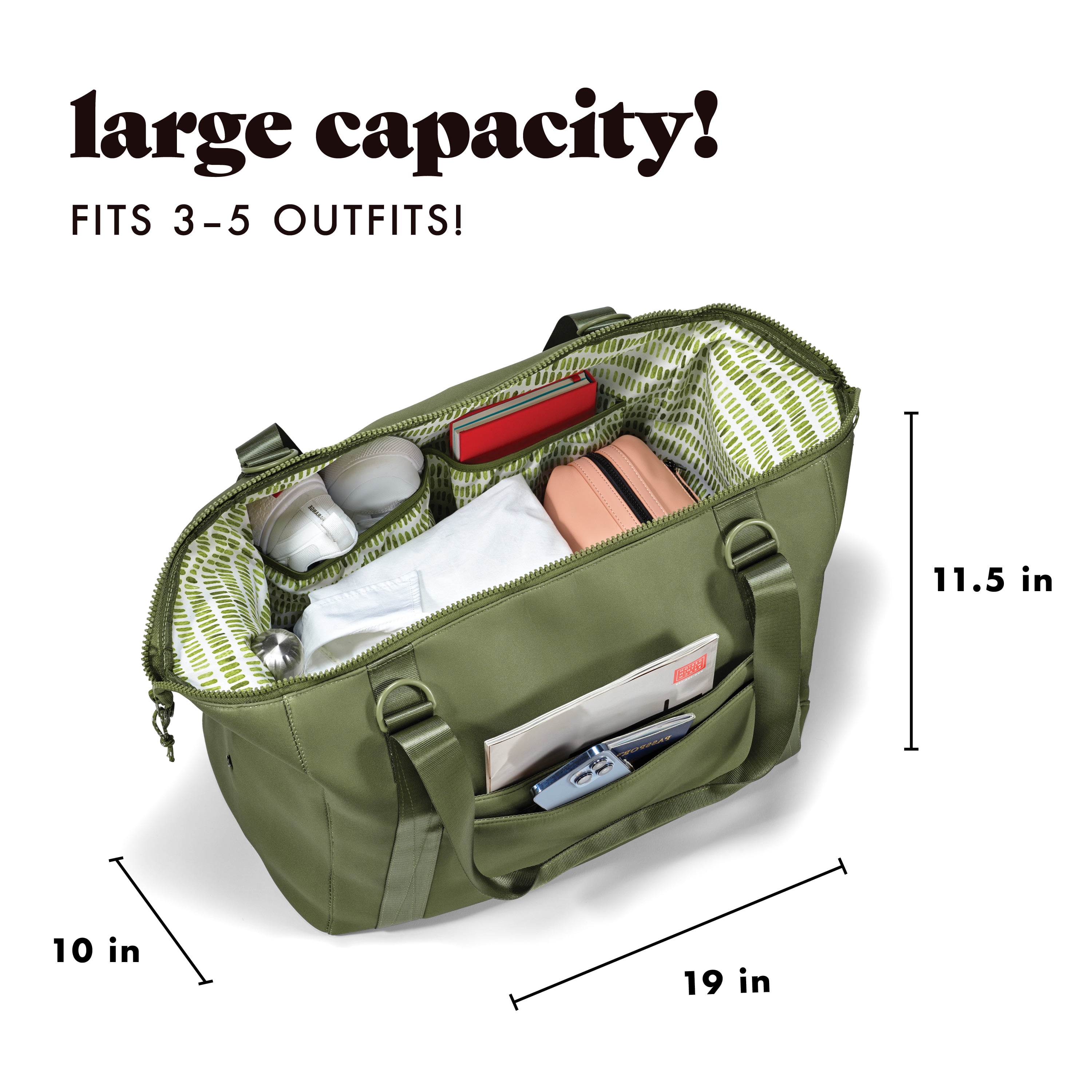 Fit & Fresh Premium Neoprene Weekender Bag, Travel Bag Trolley Sleeve, Carry on Duffel Bags, Moss