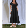 thumbnail image 6 of Women Summer Casual Square Neck Flutter Sleeve Boho Smocked A-Line Flowy Tiered Modest Midi Sun Dress with Pockets Black S, 6 of 7