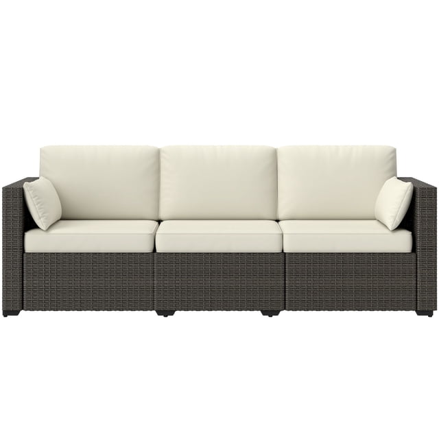 Cream White 3-Seater PE Rattan Outdoor Sofa with Cushions | Patio Conversation Couch for Garden, Poolside & Terrace Seating | Durable & Weather-Resistant