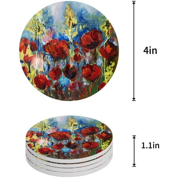 FMSHPON Oil Painting Poppy Flower Design Set of 6 Round Coaster for Drinks, Absorbent Ceramic Stone Coasters Cup Mat with Cork Base for Home Kitchen Room Coffee Table Bar Decor